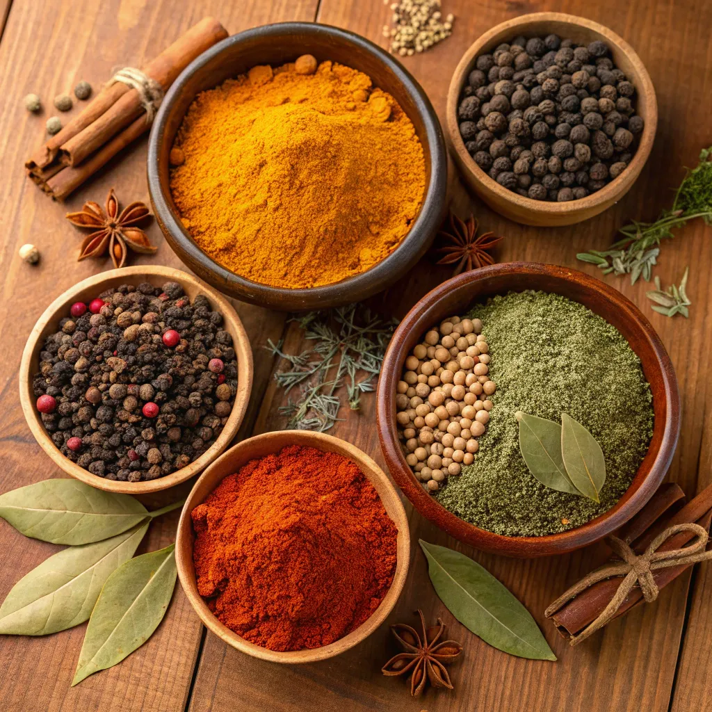 Spices on a wooden table